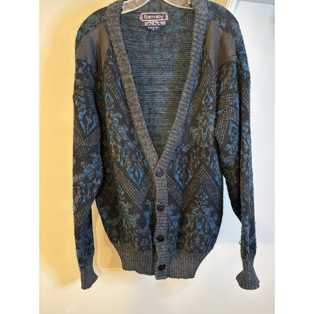 VTG‎ BARNABY Black Gray Turquoise Geometric Cardigan Sweater M Grandpa Grunge
